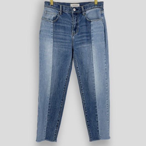 PacSun Jeans Vintage Icon High Rise Two Tone Crop Raw Hem Denim Blue Womens 27 - Picture 1 of 12